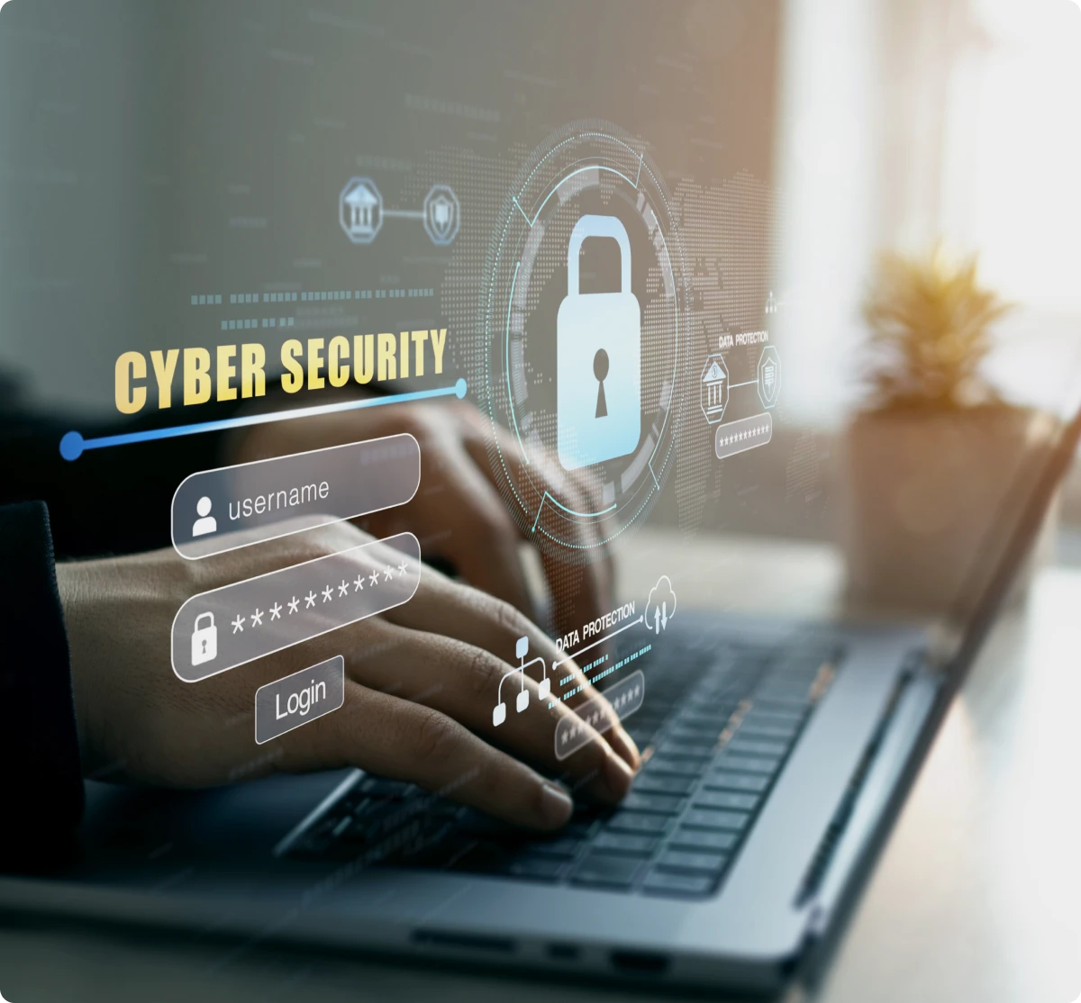 Hands typing with cybersecurity graphics on screen.