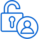 Open padlock with user icon, blue outline.