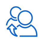 Two blue outlined people with arrow icon.