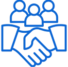 Handshake and people icon in blue outline.